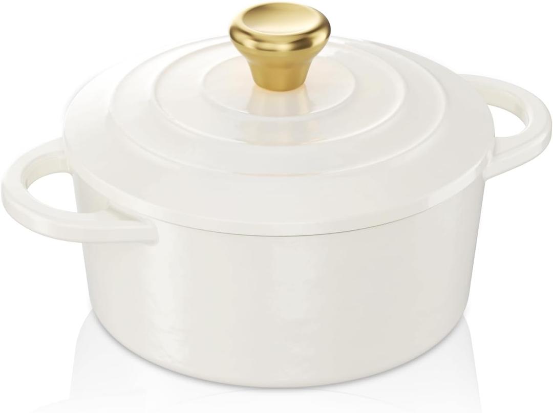 YUTANN Mini Dutch Oven, Small Dutch Oven, Small Round Iron Cocotte with Lid, Mini Cocotte for Baking, Souffl, Soup, Cobbler, Microwave/Dishwasher/Freezer Safe, 13 OZ (White)