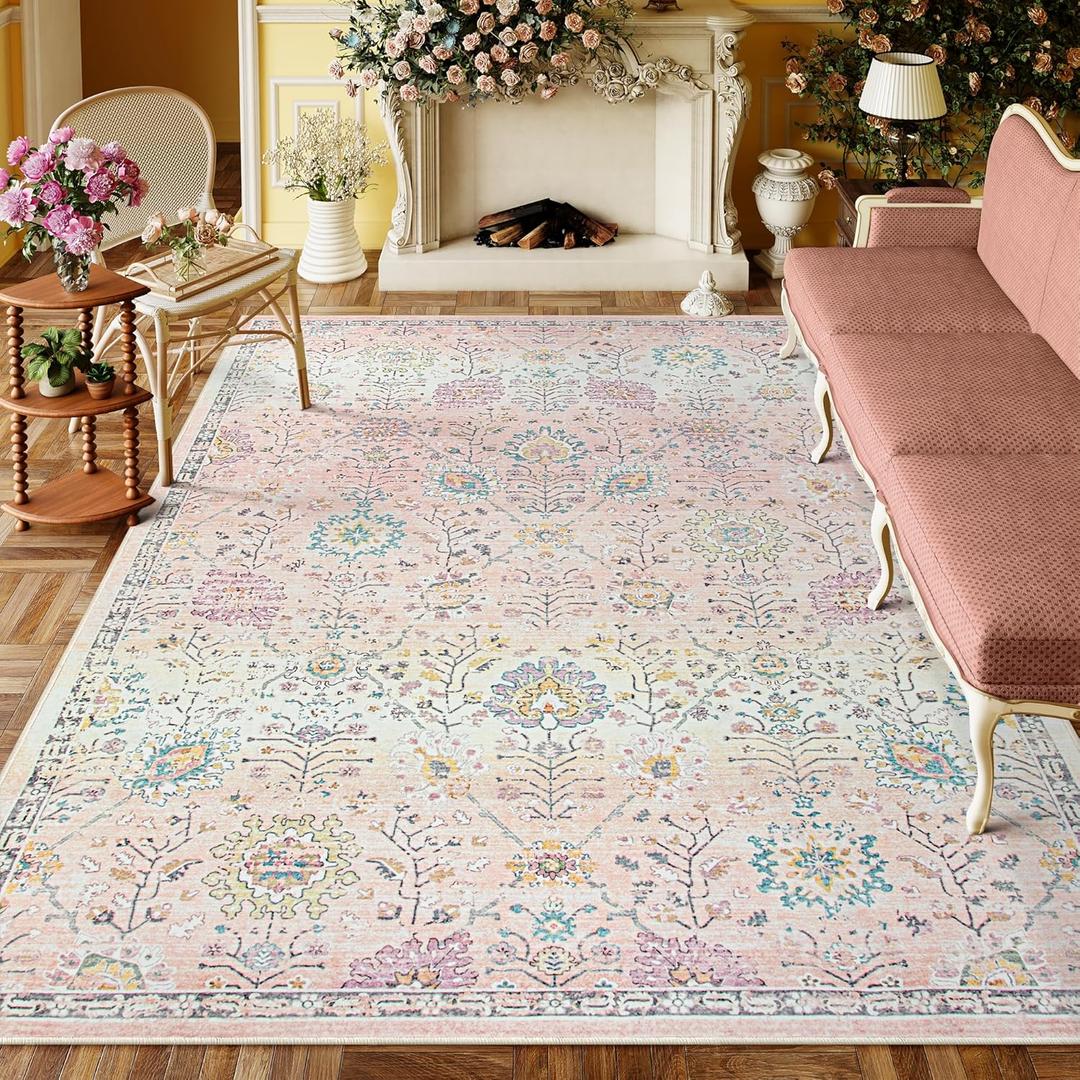 Lahome Pink Boho Area Rug, 8x10 Rugs for Bedroom Girls Living Room, Soft Floral Washable Non Slip Pastel Floor Carpet for Home Decor (8' x 10', Light Pink)