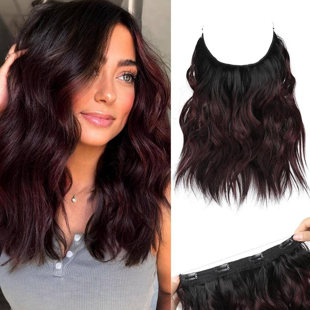 REECHO Invisible Wire Hair Extensions with Thinner Softer Lace Weft (Black to Burgundy Ombre, 12 Inch (Pack of 1))