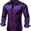Mens Silk Paisley Dress Shirt Casual Button Down Shirt Long Sleeve Western Floral Shirts Wedding Party Holiday (Purple, XXL)