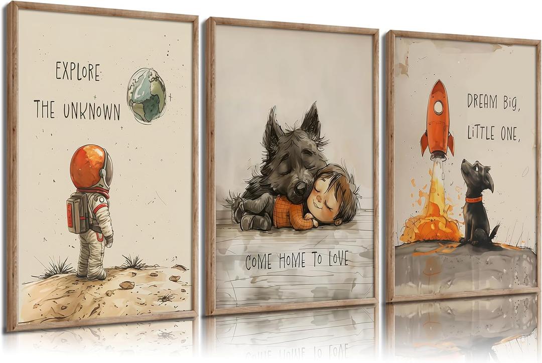 CCZ Vintage Astronaut Nursery Canvas Wall Art Space Explore Picture Wall Decor Dream Big Little One Poster Cute Dog Toddler Painting Print Artwork for Kids Boys Room Bedroom Playroom Decor, Unframed (16L"x12W")