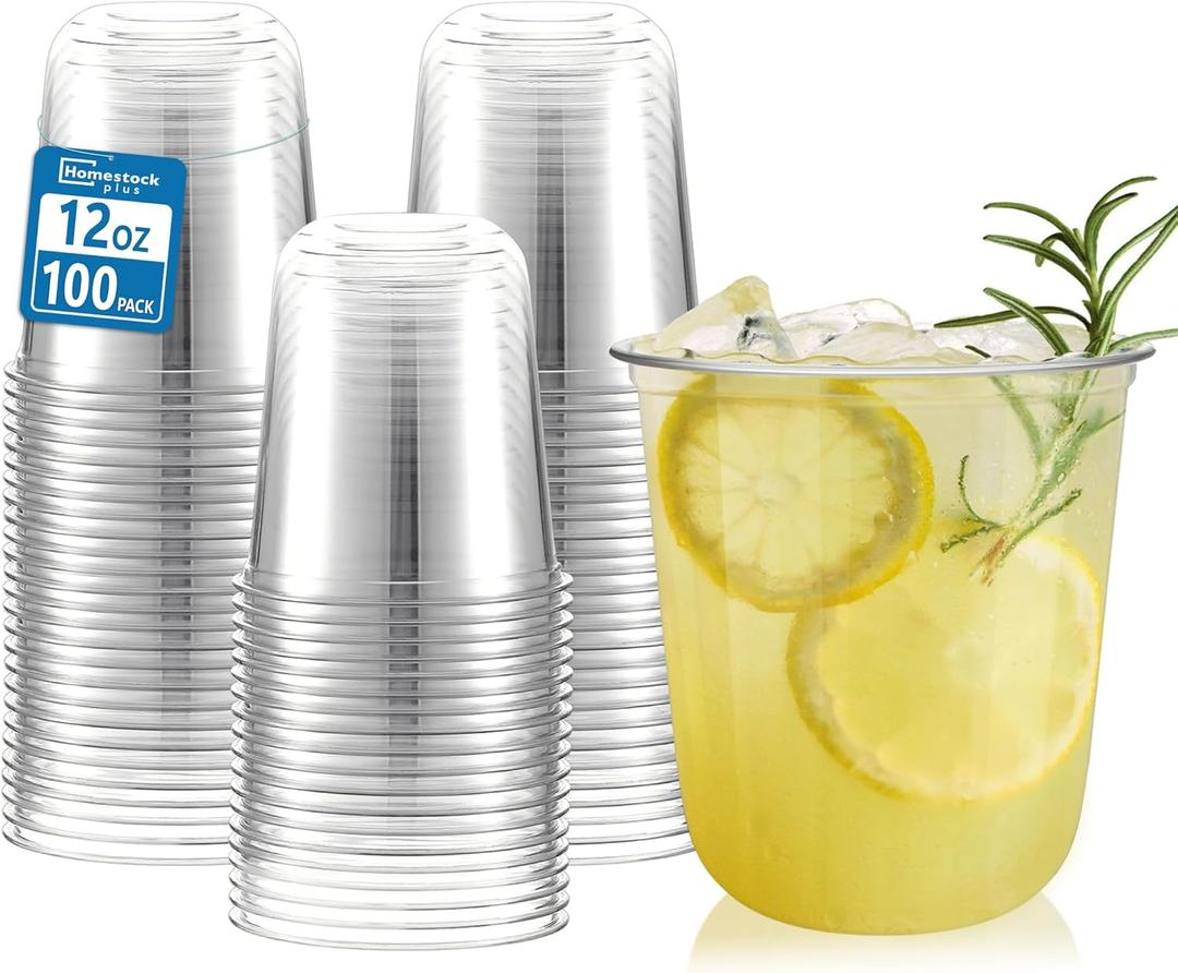 Homestockplus 12 oz Clear Plastic Cups 100 Pack - BPA-Free Stemless Disposable Wine Glasses, Open-Top Drink Cups for Iced Coffee, Wine, Cocktails, Halloween, Thanksgiving & Party Supplies