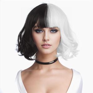 Cosplay Wig Black and White Wigs for Costume Women Short Straight to Curly Wavy BOB Hair Wig with Bangs for Party Cosplay Halloween