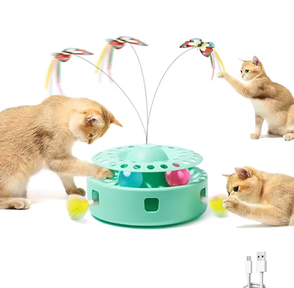 Cat Toys 3 in 1 Automatic Interactive Kitten Toy Fluttering Butterfly Random Moving Feather Track Balls Dual Power Supplies