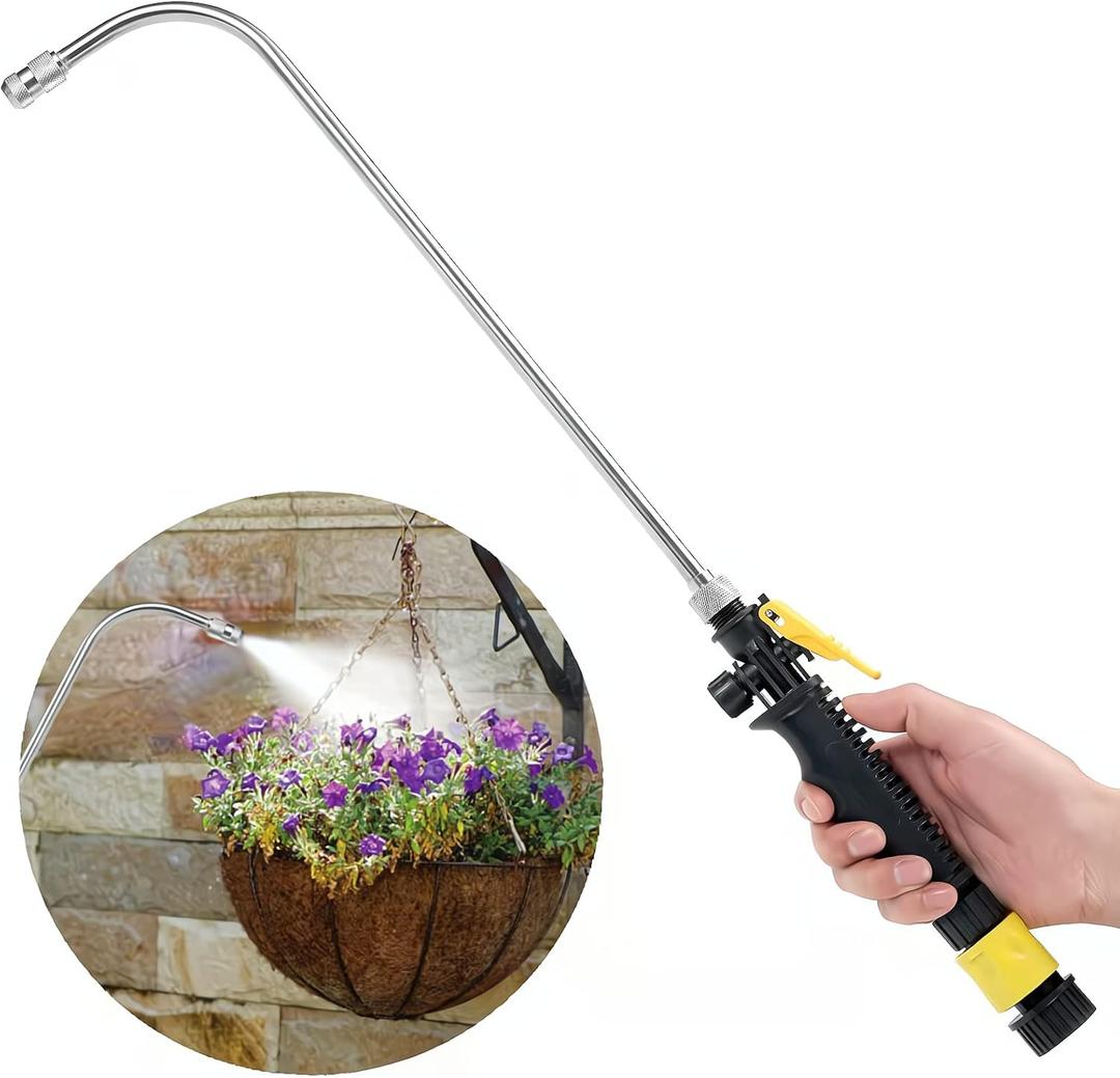 Mist Watering Wand For Hanging Baskets,25 Inch Spray Wand With Adjustable Nozzle, Car Pet Window Cleaning Tool, Great For Watering Seedbeds, Hanging Plants, Deck Plants.90-degree curved nozzle