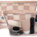 Tiny Twinkle Diaper Bag Organizing Pouches | 2 Pack Mess-Proof Travel Organizer Bags with Structured Bottom & Clear Front | TSA Approved Toiletry Bag Set for Baby and Mom Essentials (Beige Checkers)