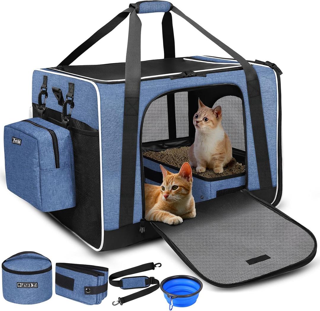 Petskd Extra Large Cat Carrier with Litter Box 24"x17"x17" for Medium Large Cat or 2 Small Cats, Collapsible Soft Sided Pet Carrier for Car Travel with Lockable Safety Zippers(Blue)