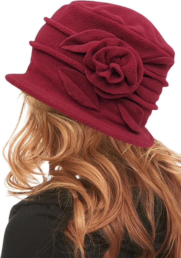 Polar Fleece Fashion Women-Cloche-Hat, 1920s Vintage Womens-Felt-Hat, Floral Winter Fall Spring Church-Hats for Women Elegant Burgundy, Medium