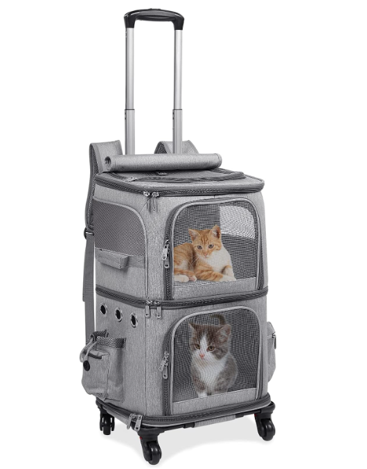 Joymaney Double-Compartment Cat Carrier Backpack with Wheels for 2 Pets | 2-in-1 Cat Rolling Carrier for Small Cats & Dogs up to 32 lbs, Perfect for Traveling / Walking / Vet, Grey