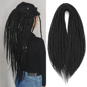 Leeven Synthetic Double Ended Dreadlock Extensions 24 Inch Natural Black 0.6 cm Width Thin DE Dreads Crochet Hippie Wool Dreads 10 Strands Handmade Soft Loc Extensions for Women Men