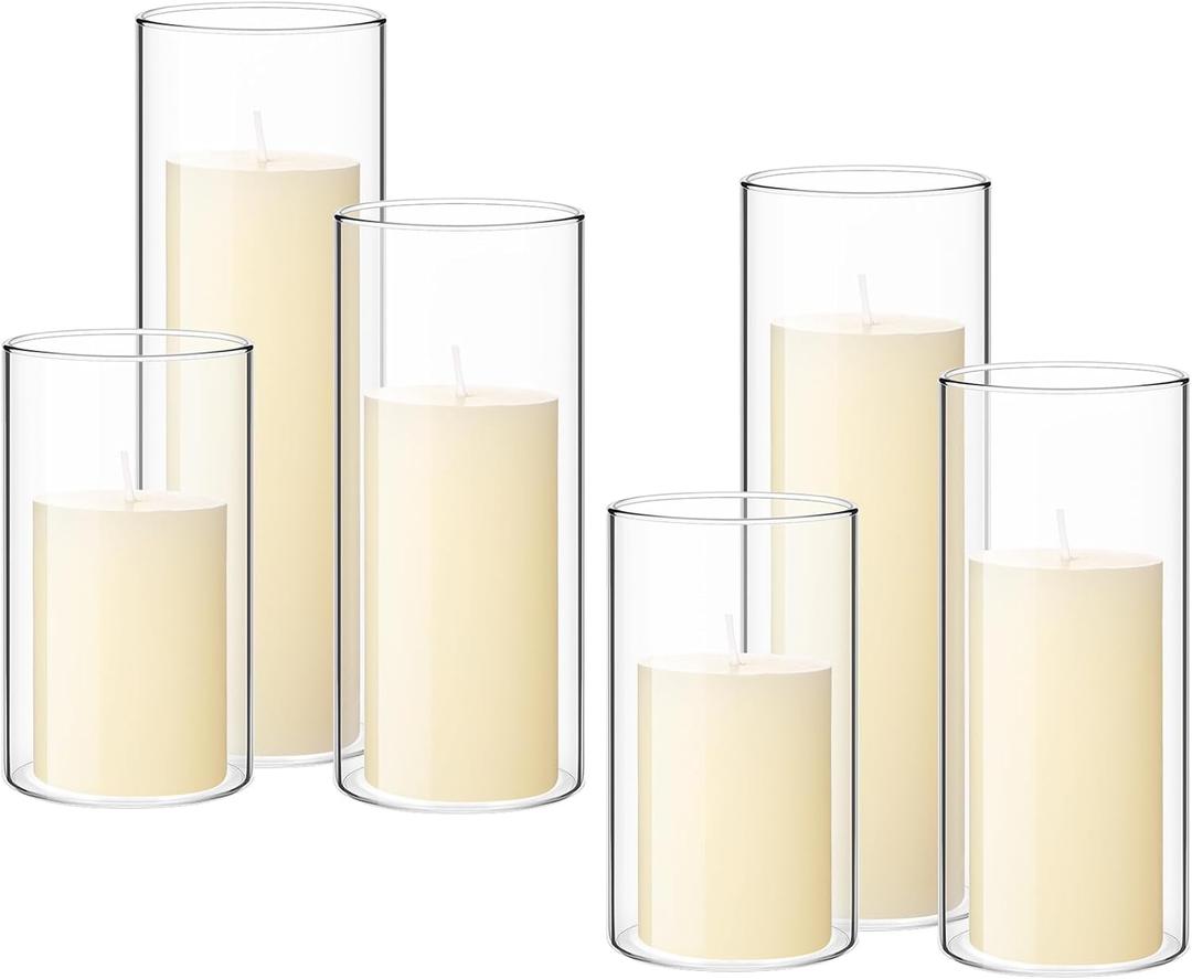 Shihanee Set of 6 Pillar Candles with Glass Cylinder Vases Clear Cylinder Hurricane Candleholders for Slim Tall Pillar Candles Wedding Table Centerpieces(2.6'' X 4.7'', 5.9'', 7.9'',Ivory)