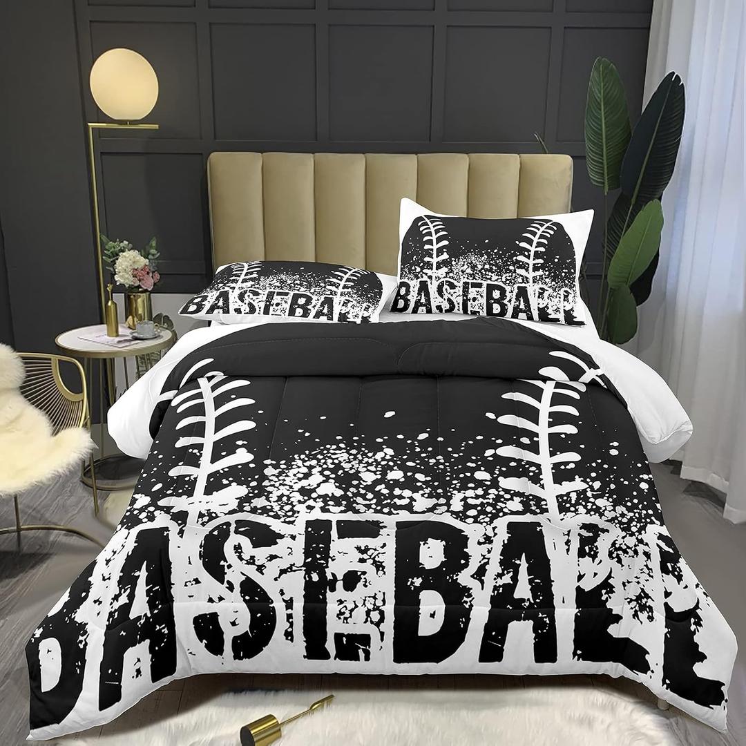 Bodhi Kids Comforter Twin, Boys Baseball Comforter with Pillowcases, Sports Baseball Bedding Set in Black and White