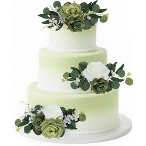 3Pcs Pre-made Flowers Cake Decorations, Green & White Wedding Artificial Flowers Cake Toppers Birthday Baby Shower Gender Reveal Bridal Shower Baptism Party Decor Supplies
