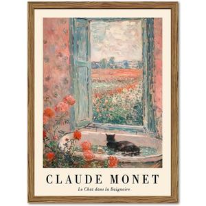 Vintage Black Cat Bathroom Wall Art Cute Cat in Bathtub Wall Decor Picture Claude Monet Animal Bathroom Canvas Painting Prints 12x16 inch Wood Framed