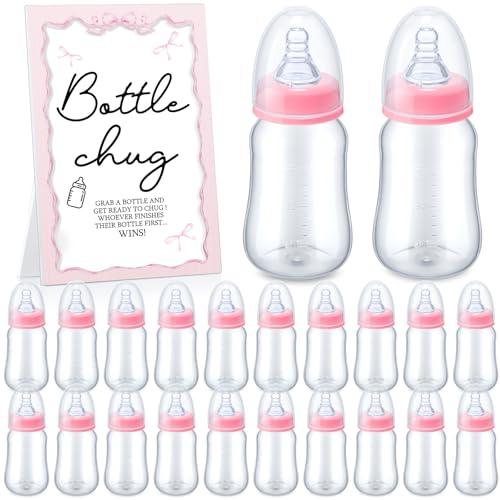 Roowest Bottle Chug Baby Shower Games Favors Including 18 Pcs Bottles with 1 Bottle Chug Wooden Sign for Gender Reveal Baby Shower Party Supplies(Pink,Bow)