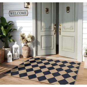 Lahome Colette Checkered Easy Jute 3x5 Outdoor Patio Rug, Washable Rugs for Entryway Diamond Indoor Outdoor Living Room Carpet, Farmhouse Neutral Non Slip Black Door Carpet for Backyard Bedroom (Black/Checkerboard -2)