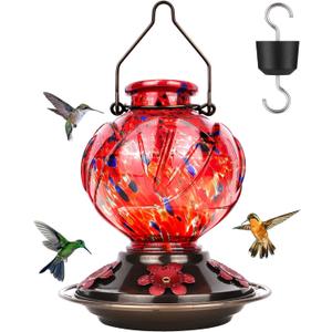 BOLITE Hummingbird Feeder, Hand Blown Glass Hummingbird Feeders for Outdoors Hanging, with Ant Moat and 5 Feeding Ports, 22 Ounces, Peony Flower Shape, Red, Gifts for Women Men, Gifts for Mom Dad