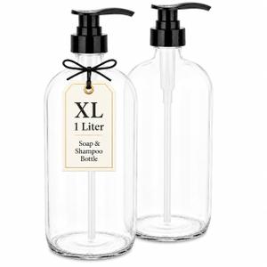 32-Ounce Pump Bottles, Large Clear Glass Boston Round Bottles w/Black Pumps. Great for Lotions, Laundry Soap Detergent, Oils, Sauces - Food Safe and Medical Grade - by kitchentoolz (Pack of 2)