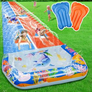 40FT Double Slip and Water Slides for Kids Adults Backyard, Extra Long Lawn Water Slides with 2 Bodyboards, Heavy Duty, Giant Inflatable Water Slip Toys with Crash Pad for Summer Outdoor Party, 40*5.6ft