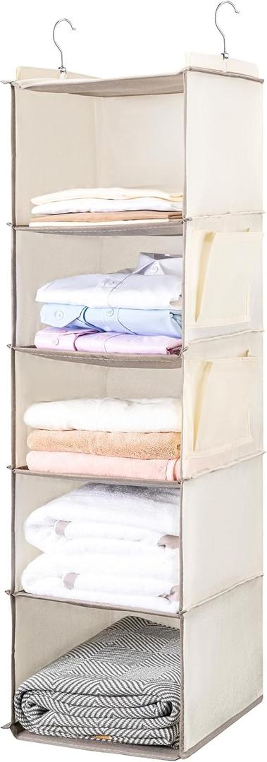 BOOMIBOO Hanging Closet Organize and Shelves5-Hanging Shelf with 2 Side PocketsStorage Foldable Beige (1)
