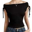 winkbay Women's Off The Shoulder Crop T Shirt Ruched Short Sleeve Y2k Going Out Tops Black, Medium