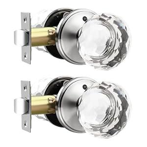 Lepushom 2 Pack Crystal Door Knobs Interior, Elegant Satin Nickel Glass Door Knobs, Keyless Privacy Door Locks for Bedrooms and Bathrooms