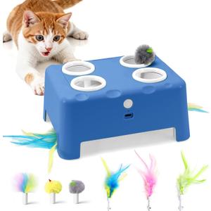 Interactive Cat Toy for Indoor Cats, 3 Modes Feathers Toy, Rechargeable 4 Holes Mole Cat Toys, Cheese Box for Kitten, 6 Accessories (Blue)