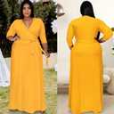Nmoder Plus Size Maxi Dress for Women - Summer Casual 3/4 Sleeve Floral Flowy Long Dress with Belt XL- 6XL (Yellow)