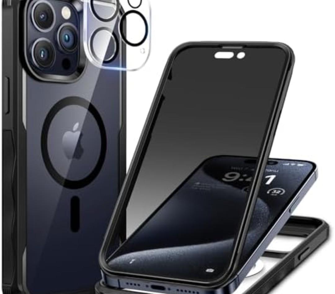 seacosmo Magnetic Case for iPhone 15 Pro Max, Privacy Screen Protector and Camera Lens Protector, [Military Grade][Full Body Protection], for iPhone 15 Pro Max Anti-Peep Case, Black
