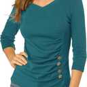 Allegra K Women's V Neck Tops 3/4 Sleeves Solid Knitted Buttons Decor Ruched Blouse (Teal, S)