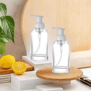 13oz Refillable Foaming Shower Soap Dispenser Funel 2pcs Foaming Soap Dispenser Glass Clear Foam Pump Bottles for Bathroom and Kitchen- (375mL Foam Hand Pump Glass Bottle)