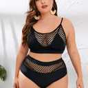 Floerns Women's Plus Size Bathing Suit Fishnet High Waist Bikini Set Rave Outfit (Black, XXXL)