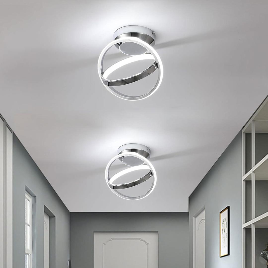 CANEOE Modern Led Ceiling Light Fixtures, 30W Creative Round Led Hallway Lamps with Chrome Finish, 6000K Close to Ceiling Lighting Fixture for Hallway Aisle Living Room Bedroom