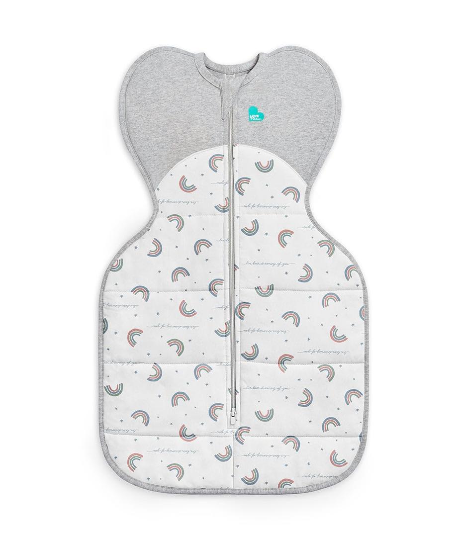 Love to Dream Warm Swaddle UP 2.5 TOG Baby Sleep Sack for Autumn & Winter | Arms Up Position for Self-Soothing, Calms Startle Reflex | Newborn 58.5 lbs, White Rainbow Dream