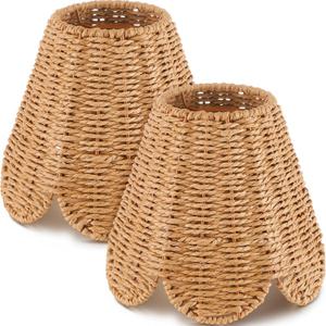 Glooglitter Small Clip-on Chandelier Rattan Lamps Set Shade Scalloped Lampshade 3"top x 6"bottom x 5-1/4"slant Height Empire Lamp Shade Chandelier or Accent Lamp(Paper Rope,Naturals,2 Pcs)