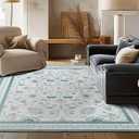 EverGrace Area Rugs for Living Room 6x9, Boho Floral Faux Wool Indoor Outdoor Rugs, Washable Rugs for Bedroom Dining Room Entryway Kitchen, Low Pile Floor Mat Carpet for Home Decor, Pale Blue