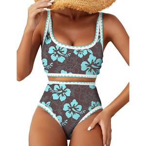 Herseas Women's Bikini Sets Floral Print Whip Stitch 2 Piece Swimsuits High Waisted Scoop Bathing Suits XL