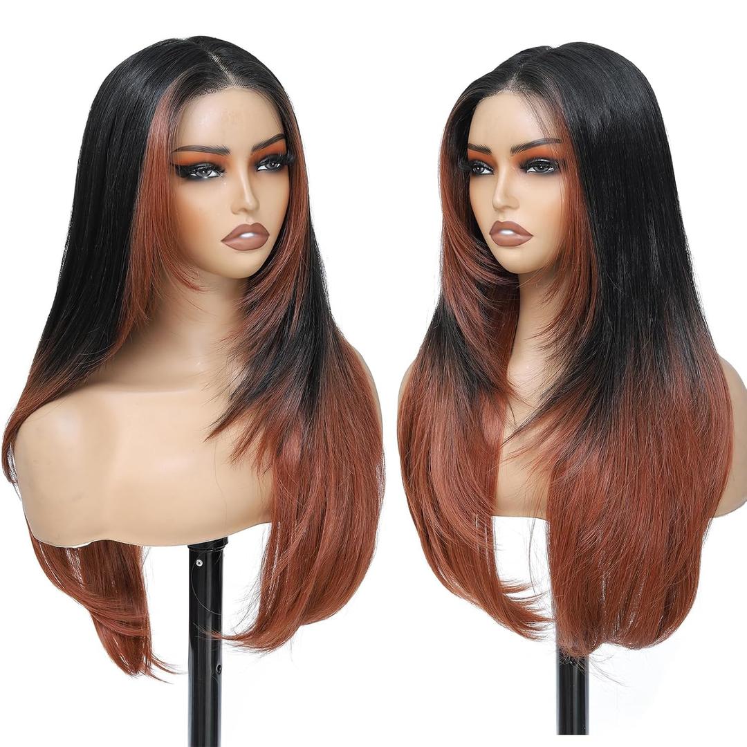 KPROYU Synthetic Lace Front Wig Pre Cut Lace Glueless Wig Wear And Go 13X4X1 Inch HD Lace Layered Wig Pre Plucked Glueless Synthetic Wigs For Women Auburn Brown Black Root2/30 26 Inch