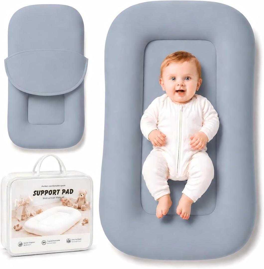 Baby Lounger for Newborns 0-24 Months - Soft Breathable Cotton Infant Support Cushion for Tummy Time & Play, Baby Essentials Gift - Blue (Cover Included)