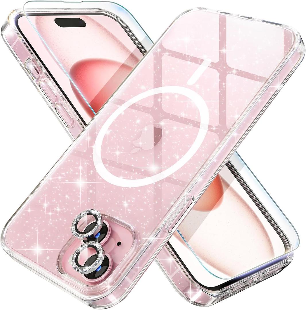 Choiche Compatible for iPhone 15 Plus Case Magnetic, Women Clear Glitter Sparkly Case, [2xDiamond Camera Lens Protectors] [2xTempered Glass Screen Protectors] [Compatible MagSafe] (Glitter Clear)