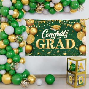 KatchOn, Green and Gold Graduation Decorations Class of 2025 - Huge, Pack of 76 | Congrats Grad Banner and Grad Balloon Boxes | 2025 Grad Balloons for 2025 Graduation Party Decorations