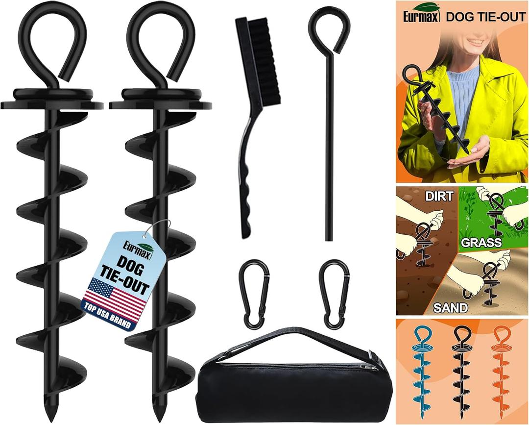 Eurmax USA Heavy Duty Dog Tie Out Stake for Large Dogs up to 210 lbs Dog Stakes for Outside,Dog Anchor, Gadgets, Accessories for Dogs,Dog Runner Leash Stake Trampoline Stakes(2,Medium,Black)