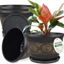 4 Pack 10 inch Plant Pots, Retro Pattern Planters with Drainage Holes and Saucer, Sturdy Plastic Garden Flower Pots for Indoor & Outdoor Plants (Gold)