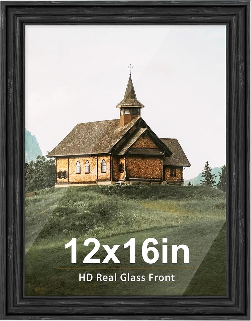 PEALSN 12x16 Picture Frame with Real Glass Front and Black Backboard, Display Pictures 11x14 with Mat or 12 x 16 without Mat, Wall Gallery Photo Frame for Wall Mounting