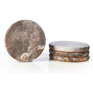 Natural Marble Coasters Set of 4, Round Travertine Coasters 4 Inch, Modern Gray Stone Coaster, Vintage Drink Coaster for Home Decor, Coffee Table, Office
