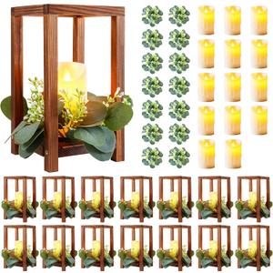 42 Pcs /14 Set Wedding Lantern Centerpiece for Table-Wooden Candle Lantern Bulk Includes 14 Farmhouse Wooden Candle Holder 14 Flameless LED Candles 14 Eucalyptus Leaves Wreath for Decoration