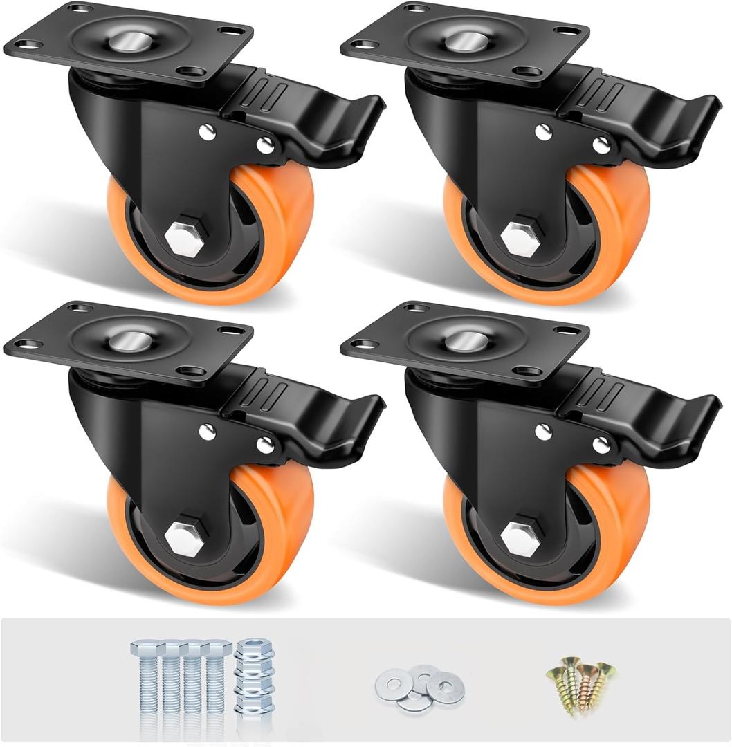 3" Caster Wheels Set of 4, Heavy Duty Casters with Brake, No Noise Locking Casters with Orange Polyurethane (PU) Wheels, Swivel Plate Castors Pack of 4