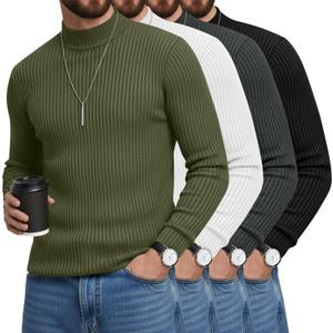 4 Pack Men's Mock Turtleneck T-Shirts Cotton Ribbed Knitted Long Sleeve Pullover Slim Fit Casual Basic Sweaters (Large, Army Green, White, Dark Gray, Black)