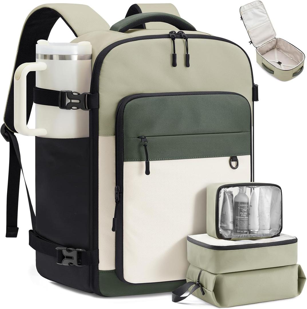 LOVEVOOK Travel Backpack for Women & Men, 50L Large Airline Approved Carry on Backpack for Travel, TSA Personal Item Travel Bag with 3 Packing Cubes, Waterproof Travel Essentials Bag fits 17" Laptop (Pea Green)