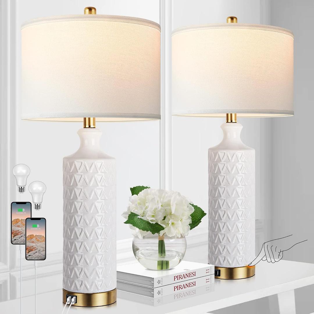 Touch Control Table Lamp Set of 2, Modern Contemporary Ceramic Bedside Lamps with 2 USB Ports, 3-Way Dimmable Nightstand Lamp with White Fabric Shade for Living Room, Bedroom, White(Bulbs Included)